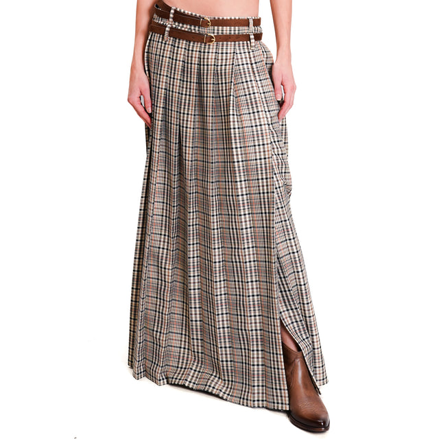 Tension in-Check skirt side slit - beige/black/tan