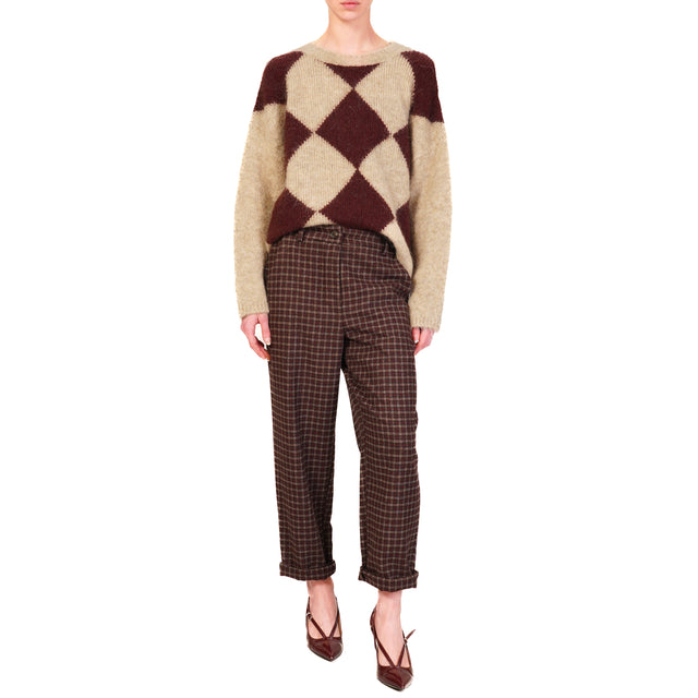 Tensione in-Pantalone check elastico dietro - beige/moro/bordeaux