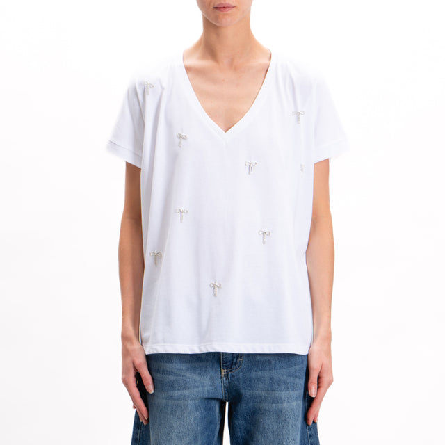 Tensione in-T-shirt scollo v con dettagli strass - bianco