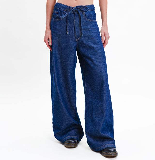 Tension in-Jeans wide leg with drawstring - dark denim