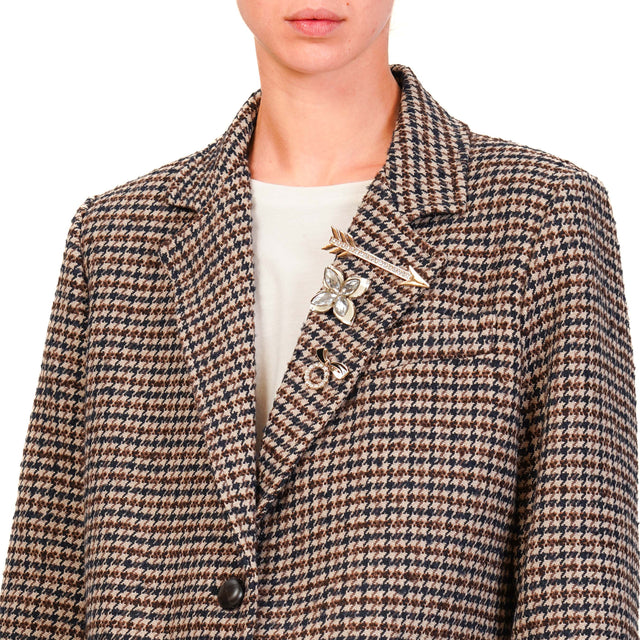 Tension in-Pied de poule Jacket with Pins - Beige/Leather/Blue