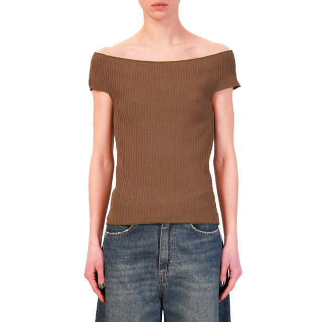 Tensione in-Maglia shiffer bordi lurex - cacao/oliva