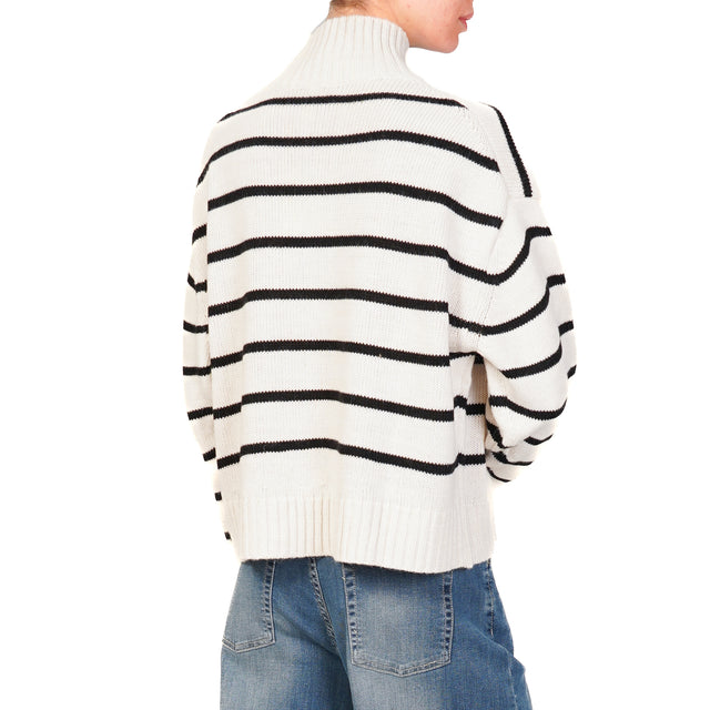 Tension in-Striped mounted neck sweater - ECRU'/BLACK