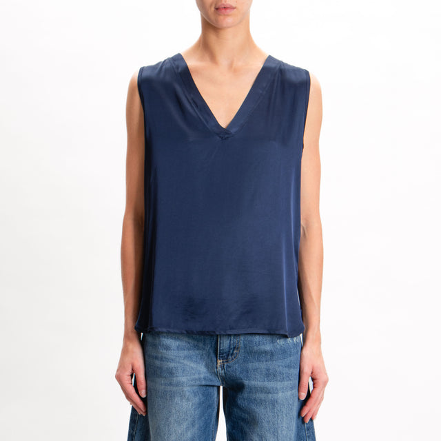 Tensione in-Top scollo a v in satin elasticizzato - blu