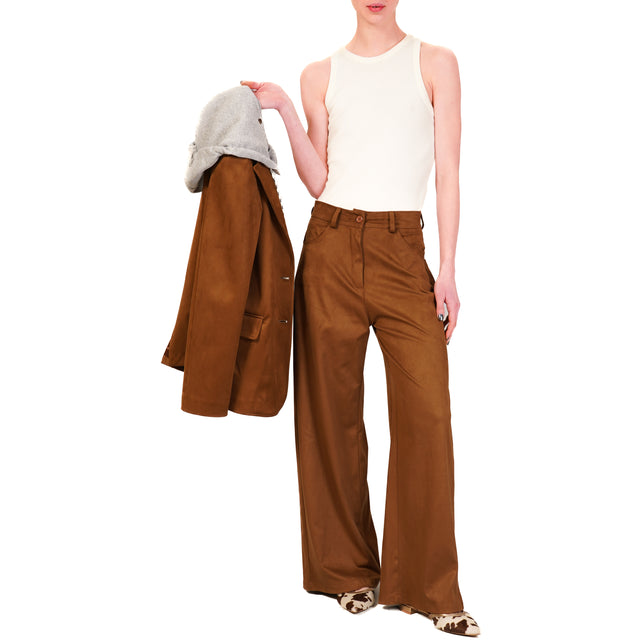 Tensione in-Pantalone GIUSI wide leg effetto suede - cognac