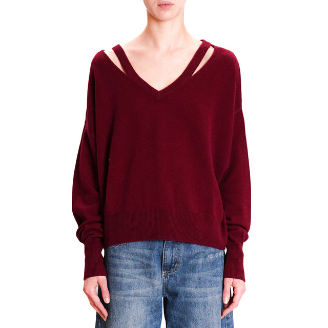 Tensione in-Maglia lana scollo v con cut out - Bordeaux