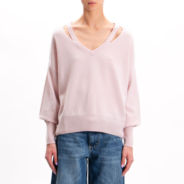 Tensione in-Maglia lana scollo v con cut out 100%lana SOFT - rosa