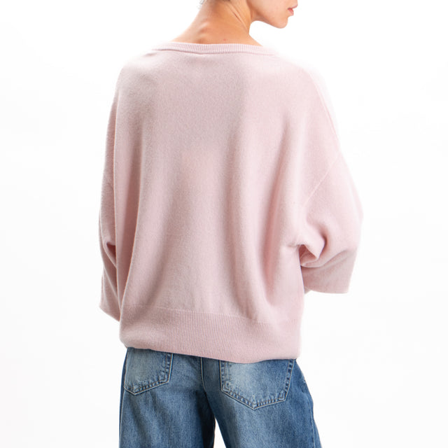 Tensione in-Maglia lana scollo v con cut out 100%lana SOFT - rosa