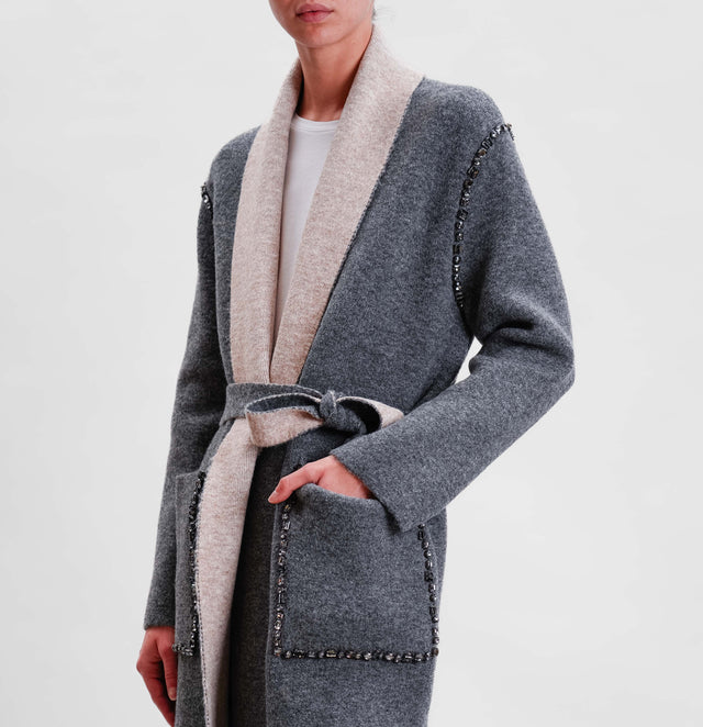 Vicolo-Cappotto in maglia dettaglio pietre - grigio/beige