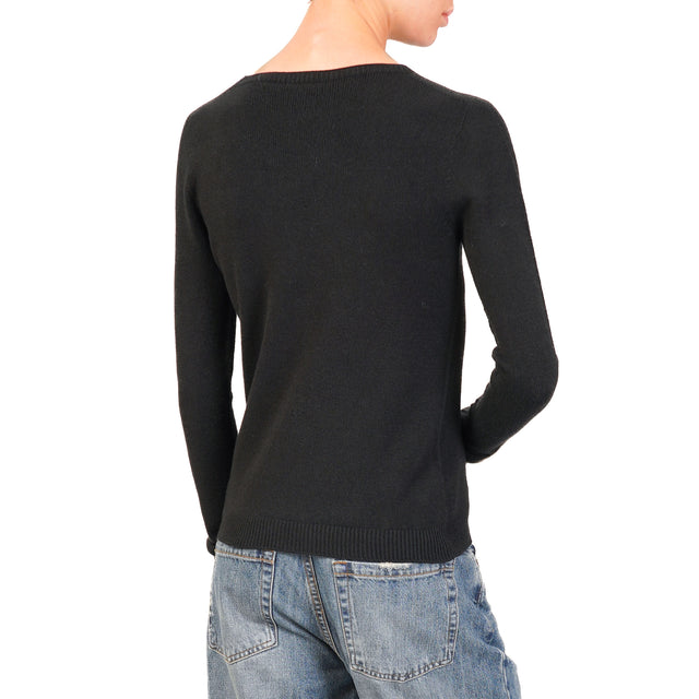 Vicolo-Ribbed Crewneck Sweater - Black