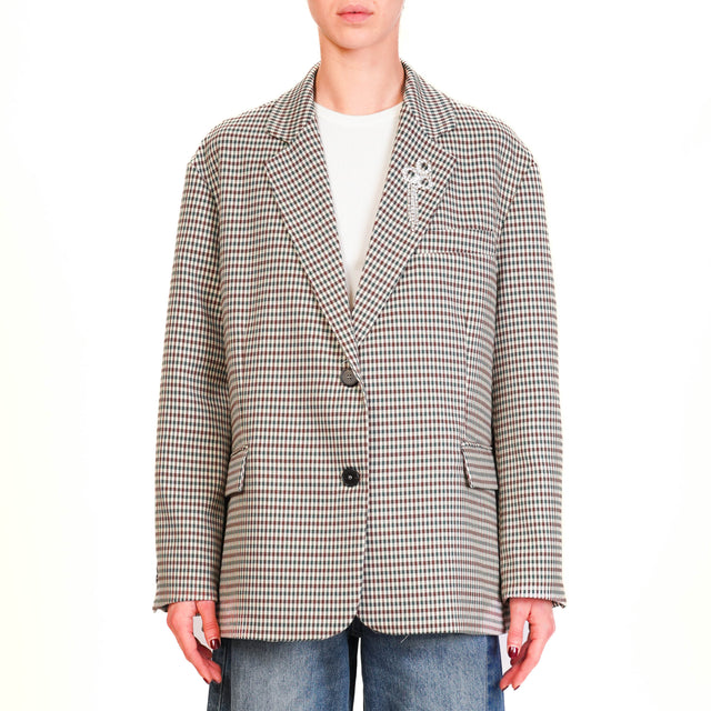 Vicolo-Oversized Checked Jacket with Brooch - Butter/Green/Wine