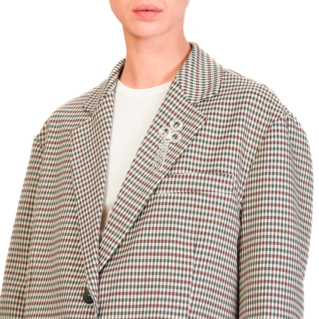 Vicolo-Oversized Checked Jacket with Brooch - Butter/Green/Wine