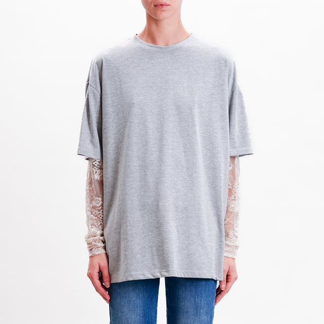 Vicolo-T-shirt over manica in pizzo - grigio/sand