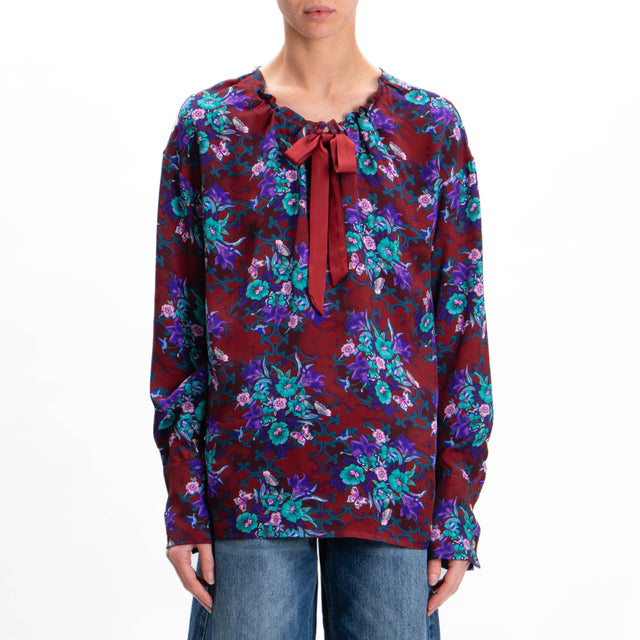 Wu'side-Floral Print Blouse - Bordeaux/Aqua/Purple