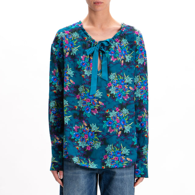 Wu'side-Floral Print Blouse - Teal/Aqua/Royal