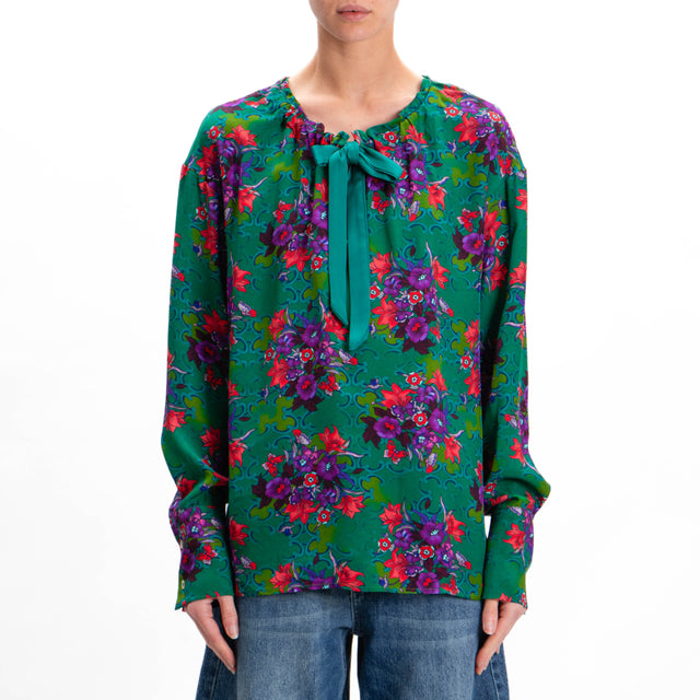 Wu'side-Floral Pattern Blouse - Green/Red/Mauve