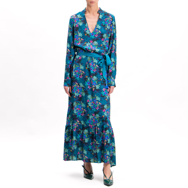 Wu'side-Floral Print Ruffle Dress - Teal/Aqua/Royal