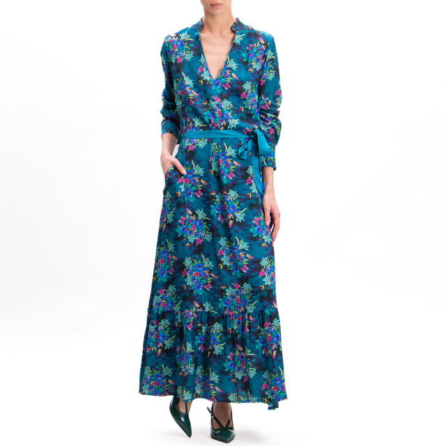 Wu'side-Floral Print Ruffle Dress - Teal/Aqua/Royal