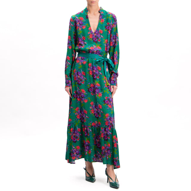 Wu'side-Floral Print Ruffle Dress - Green/Red/Mauve