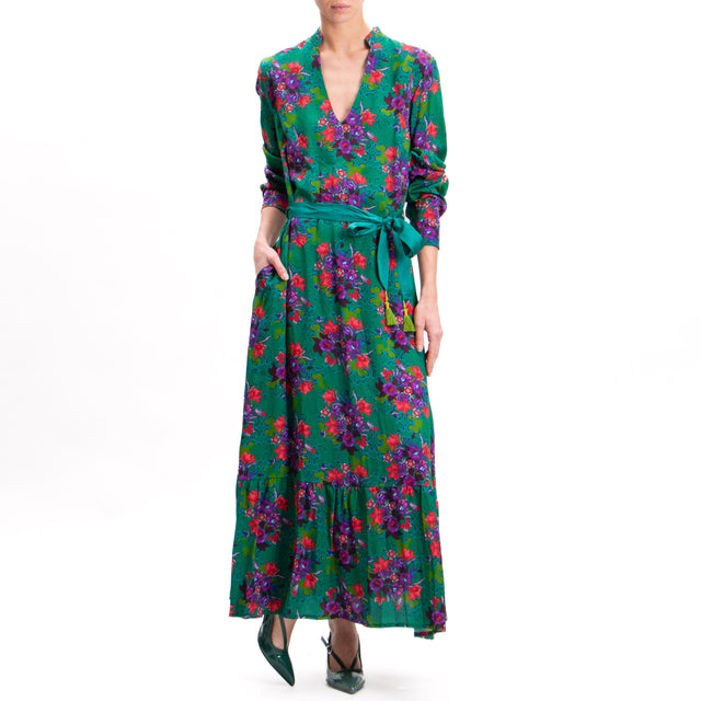 Wu'side-Floral Print Ruffle Dress - Green/Red/Mauve