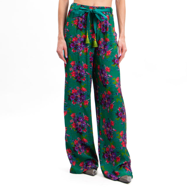 Wu'side-Floral Patterned Trousers - Green/Red/Mauve