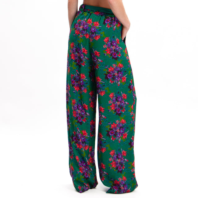 Wu'side-Pantalone fantasia floreale - verde/rosso/malva