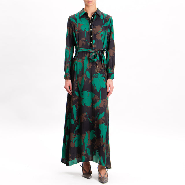 Wu'side-Floral Print Dress with Pockets - Black/Dark Brown/Green