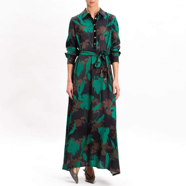 Wu'side-Floral Print Dress with Pockets - Black/Dark Brown/Green