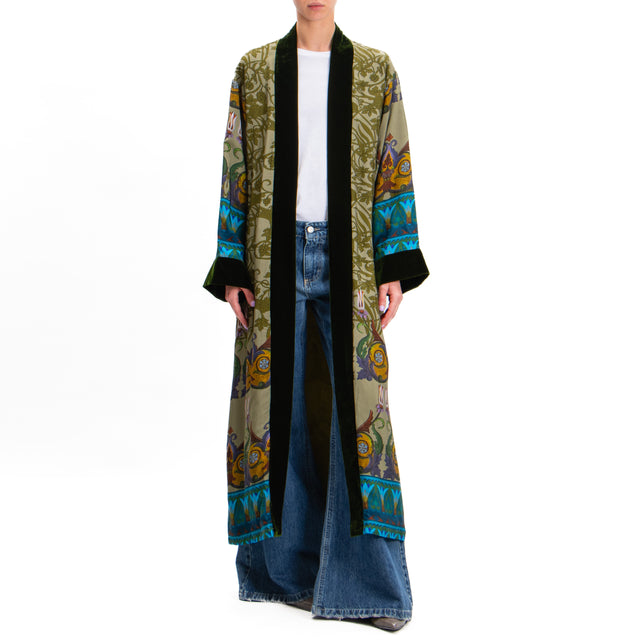 Wu'side-Fantasy Kimono with Velvet Edges - Sage/Military/Royal