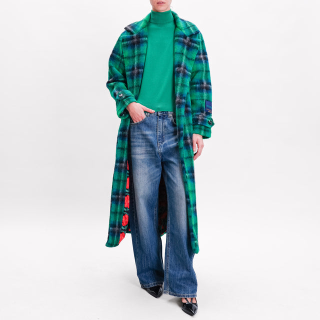 Wu'side-Tartan Boiled Wool Coat - Green/Black