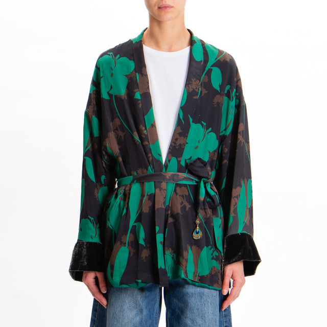 Wu'side-Floral Print Kimono with Pockets - Black/Dark Brown/Green