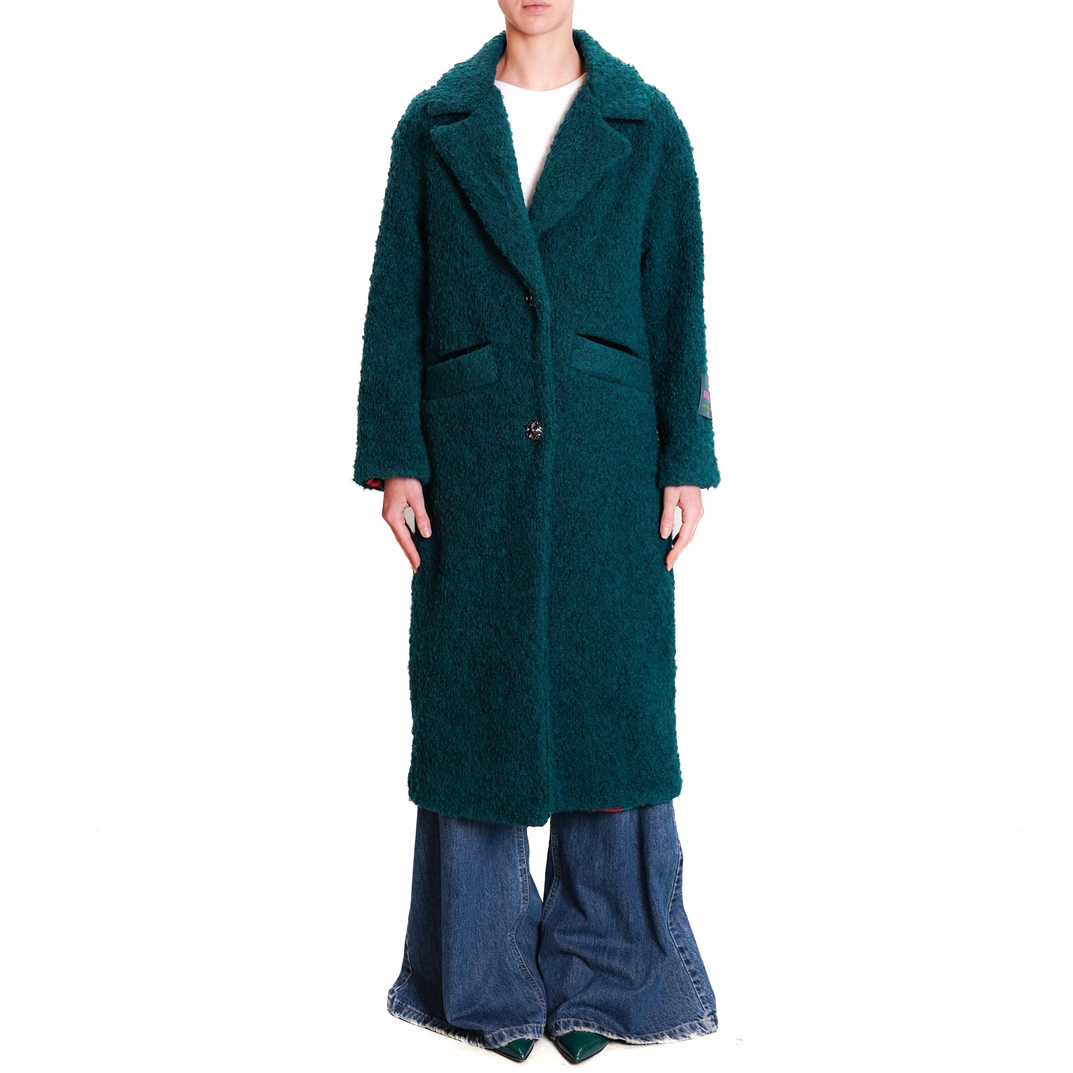 Wu side Boucle coat with jewel buttons GREEN