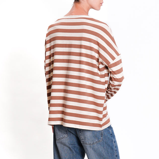 Zeroassoluto-T-shirt righe girocollo lurex - tabacco/beige