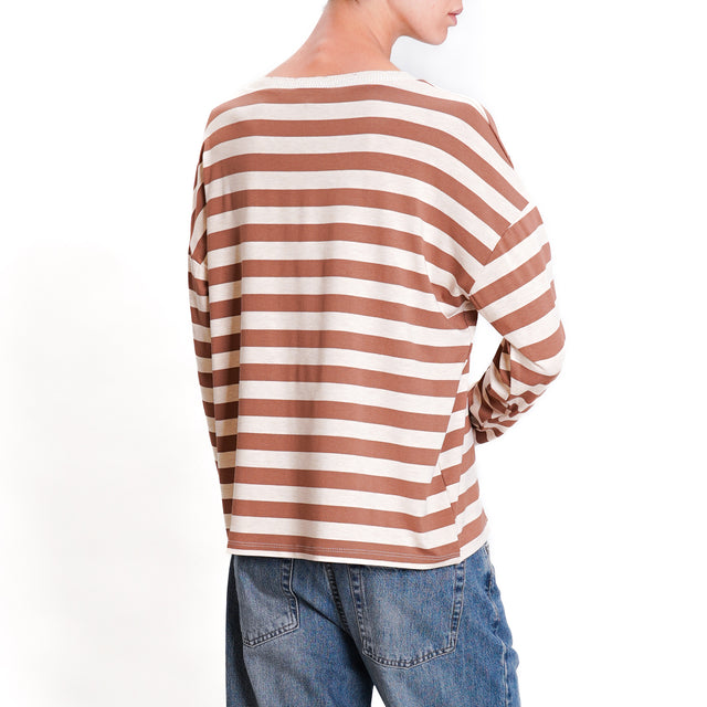 Zeroassoluto-T-shirt righe scollo v lurex - tabacco/beige