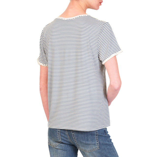 Zeroassoluto-T-shirt a righe fine con passamaneria cotone elasticizzato - bianco/jeans