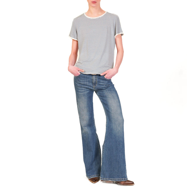 Zeroassoluto-T-shirt a righe fine con passamaneria cotone elasticizzato - bianco/jeans