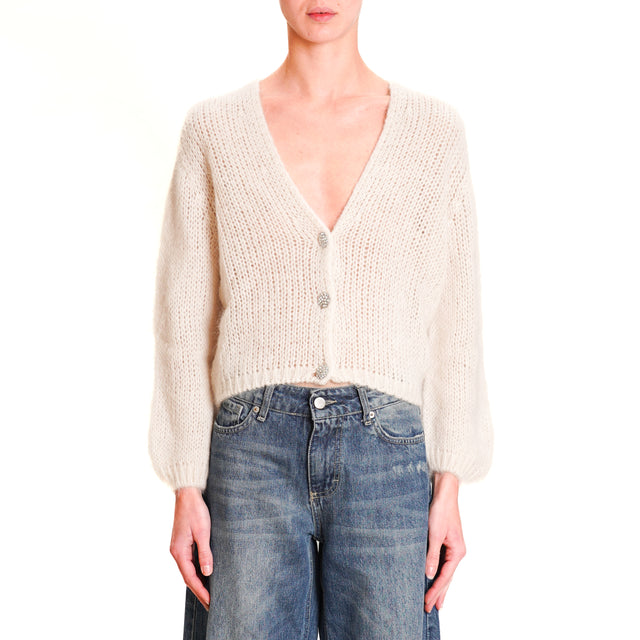 Zeroassoluto-Cardigan mohair crop bottoni gioiello - burro