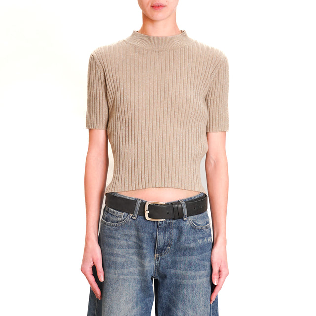 Zeroassoluto-Ribbed Lurex Fitted Collar Sweater - Sand