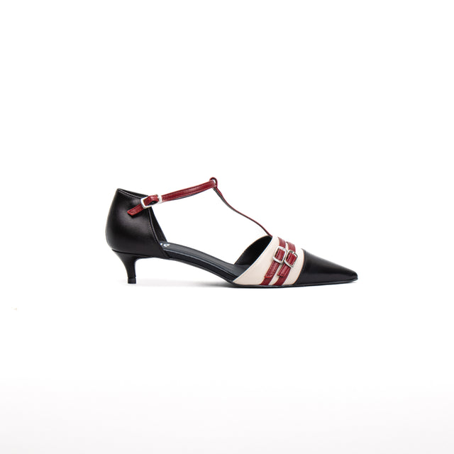 Ovye'-Scarpa tacco basso 3 colori con T-bar - nero/tofu/rosso