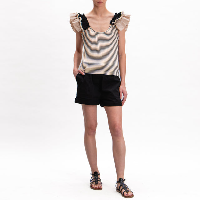 Haveone-T-shirt righe rouches filo lurex - burro/nero/sand