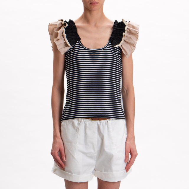 Haveone-T-shirt righe rouches filo lurex - nero/bianco/sand