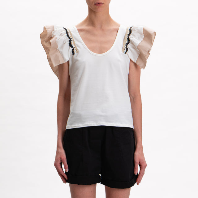 Haveone-T-shirt manica rouches - bianco/sand