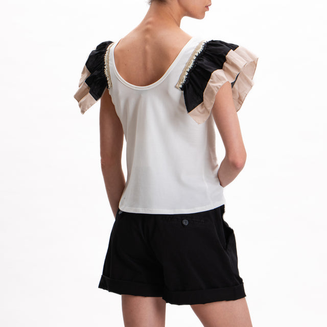 Haveone-T-shirt manica rouches - bianco/nero/sand